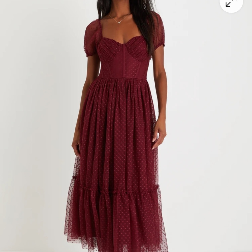 Lulu's Sweet Amor Burgundy Tulle Swiss Dot Tiered Bustier Midi Dress